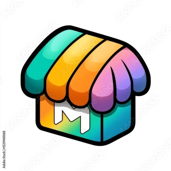 Obraz Colorful Icon of a Dreamy Shop with a Vibrant Rooftop and a Playful Letter M for Online Marketplace and Shopping Application