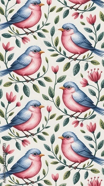 Fototapeta A charming pattern featuring pink and blue birds perched on flowering branches.