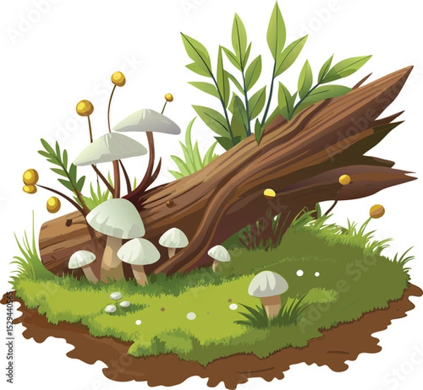 Obraz  Fallen tree branch, forest floor, small white mushrooms, moss, grass blades, woodland decay