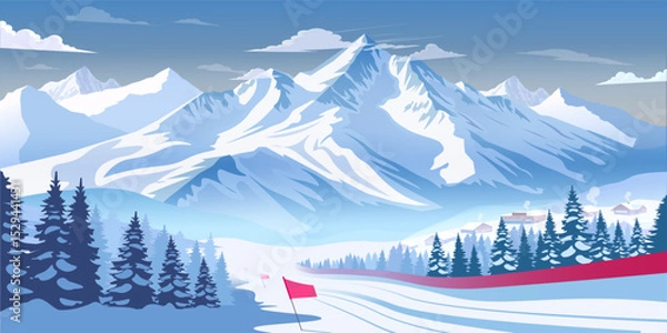Fototapeta Snow-covered mountains with ski slope, pine trees, and village in flat graphic style on a bright winter blue background. Concept of skiing resort. Vector illustration