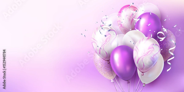 Fototapeta Glossy pink, white, and glitter balloons with ribbons and confetti on a soft gradient background. Celebration and party concept. Vector illustration