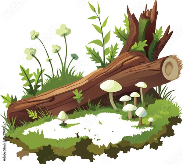 Obraz  Fallen tree branch, forest floor, small white mushrooms, moss, grass blades, woodland decay