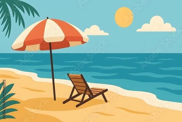 Fototapeta Relaxing Beach Scene with Umbrella and Lounge Chair Under Sunlight