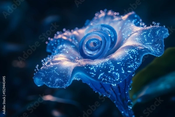 Fototapeta Makrofotografia nierealnego, obcego kwiatu z półprzezroczystymi, spiralnymi płatkami i świecącymi na niebiesko czułkami. Kwiat pokryty jest opalizującą rosą, a w powietrzu unoszą się lekko świecące za