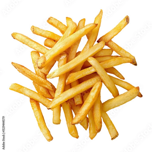 Obraz French fries. Top view of delicious pile of classic fast food. Realistic photo for packaging design or web catalog, soft studio light. Isolated clipart with clear even edge on transparent background