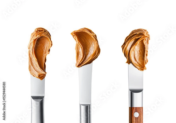 Obraz Peanut butter smear on tip of knife, close up. Set of steel cutlery with swirled food texture. Realistic photo for packaging design. Isolated clipart with clear even edge on transparent background