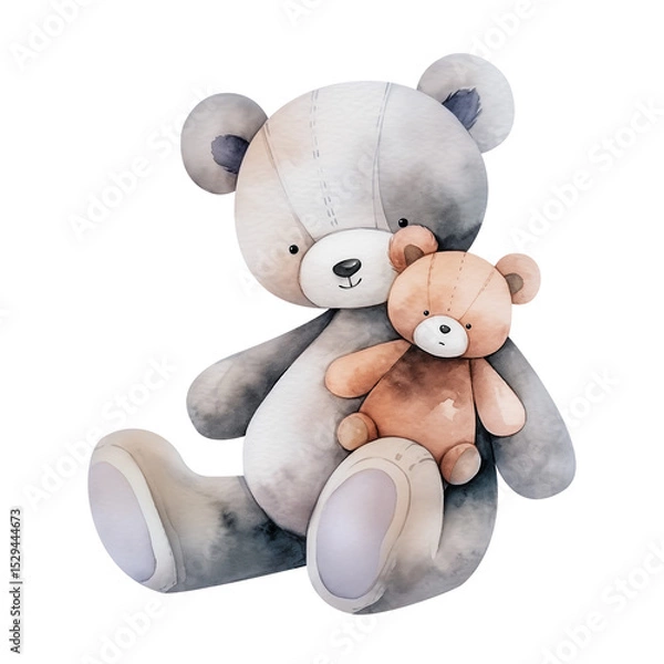 Obraz Soft toy of sitting teddy mother with her little bear. Cute watercolor illustration. Isolated clipart with clear even edge on transparent background