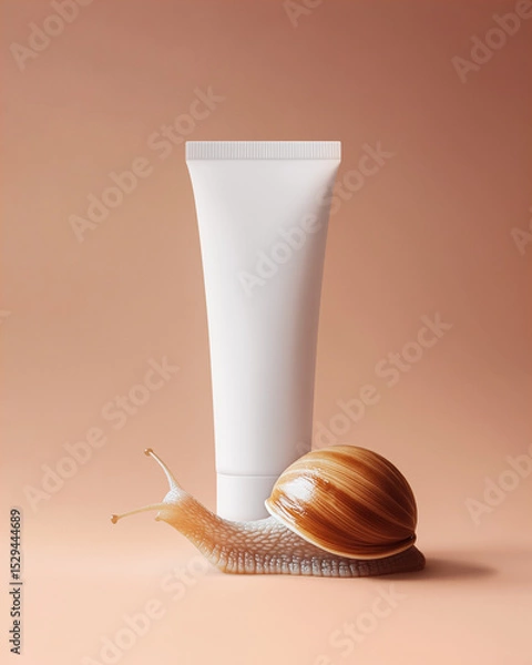Obraz White cream tube with snail on pastel red background. Minimalistic vertical mockup of skincare cosmetics with lifting effect, professional studio light