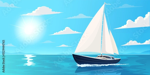 Fototapeta A sailboat glides across a calm sea under a sunny sky with scattered clouds, in a bright and clean graphic style on a blue background. Concept of peaceful travel. Vector illustration