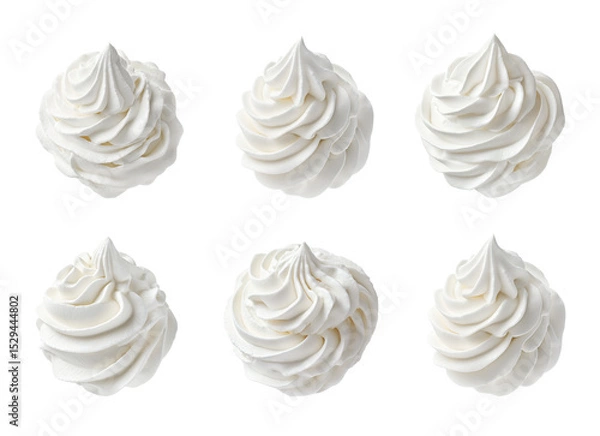 Obraz Whipped cream, set of white swirls. 45 degree angle view. Realistic photo for packaging design or food catalog. Isolated clipart with clear even edge on transparent background
