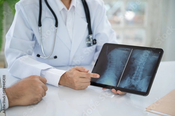 Fototapeta doctor or adiologic technologist diagnose x-ray image of spine lumber vertebrae that shows herniated disc disease of patient.