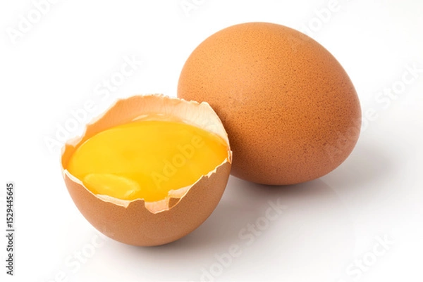Fototapeta broken chicken eggs with yolk isolated on white background with clipping path. Ingredient for making breakfast - eggs concept.