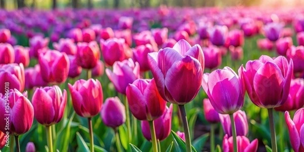 Fototapeta Dense carpet of vibrant pink and purple tulips in a beautiful field with varied petals and delicate stems