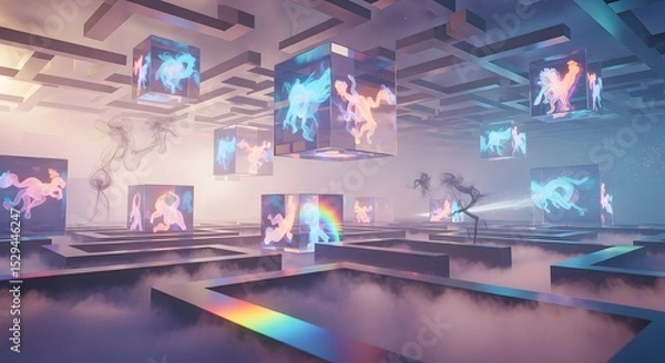 Obraz Enchanted maze with luminescent mythical creatures in glass cubes