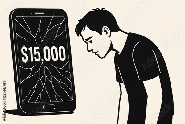 Fototapeta Depressed Man Staring at Broken Smartphone Screen with Dollar Amount