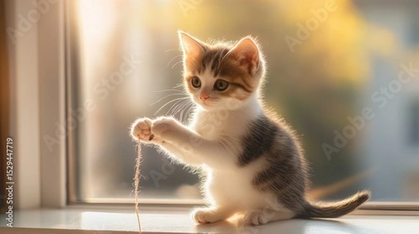 Fototapeta Cute Kitten Playing with String Indoors Enjoying Sunlight and Window View, Generative Ai