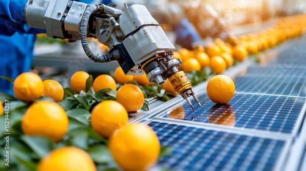 Fototapeta Automated orange sorting process citrus farm technology innovation agricultural environment close-up view efficiency in food production