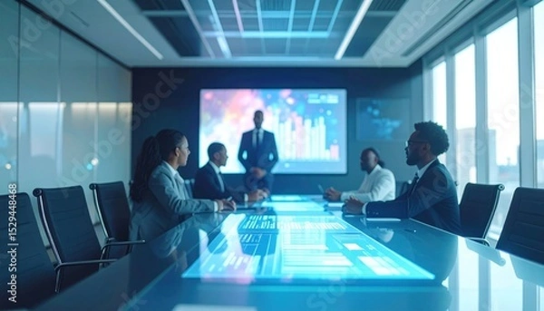 Fototapeta Futuristic boardroom. Diverse team, glowing table, presentation screen. Modern and tech-focused