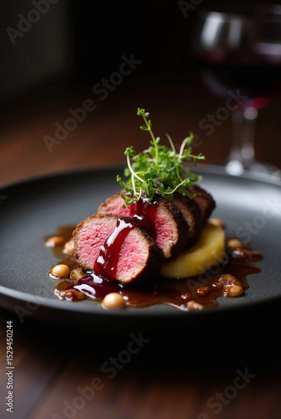 Fototapeta Seared Duck Breast with Cherry Reduction and Root Mash — Fine Dining Presentation