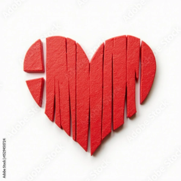 Fototapeta Red Heart Sliced into Thin Vertical Strips Slightly Spaced Apart on White Background
