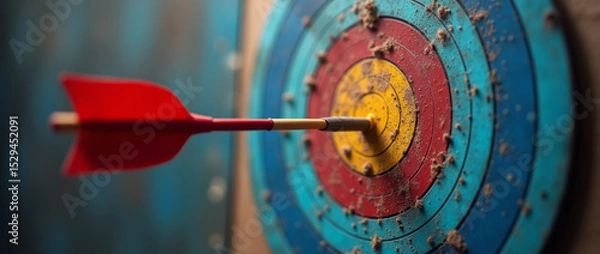 Fototapeta Goal Arrow Hitting Bullseye — 3D Target Left-Aligned with Radial Fade Background