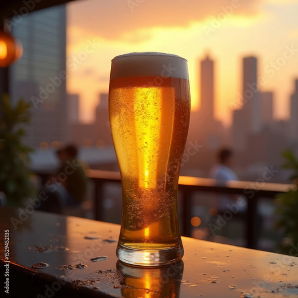 Fototapeta Photorealistic Tall Glass of Golden Beer with Sunset Reflection on Rooftop