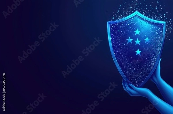 Fototapeta Hands hold a glowing blue shield with stars, water droplets effect, dark background