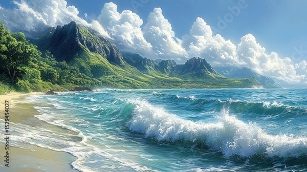 Fototapeta Tropical Coastline with Lush Mountains and Majestic Waves