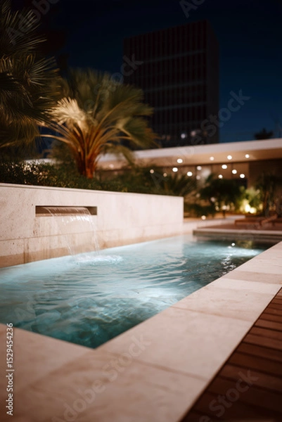 Fototapeta Modern luxury villa with private pool and waterfall feature at sunset, stylish architecture with tropical landscaping and elegant lighting