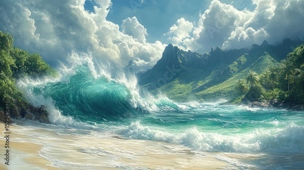 Fototapeta Tropical Coastline with Lush Mountains and Majestic Waves