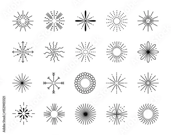 Fototapeta Decorative burst set elements with thin radiating lines and abstract spark shapes arranged as outline firework symbols for yours illustration and creative designs projects