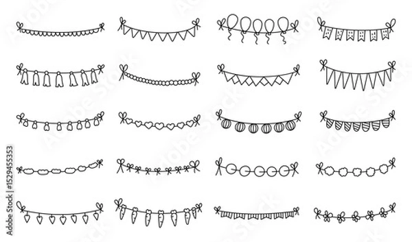 Fototapeta Garland decoration set for birthday parties in outline line art featuring hanging made with twisted threads and festive paper elements for yours illustration and creative designs projects