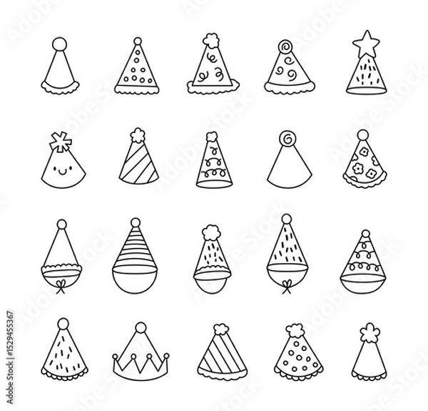 Fototapeta Party hat decoration set features outline line art designs with cone shapes made from paper for birthday and holiday celebration events and for yours illustration and creative projects