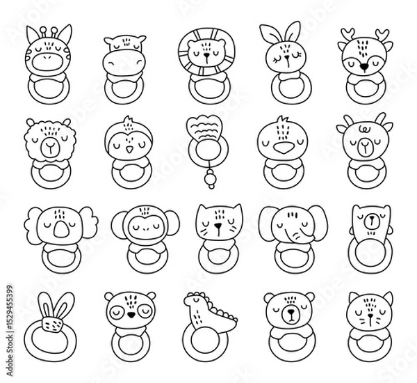 Fototapeta Baby rattle made in outline line art set with toy animal head nursery object and ring for toddler and infant comfort for your illustration and design projects