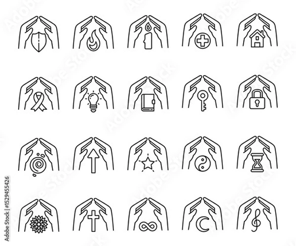 Fototapeta Spiritual abstract symbol set of elements with hands, flame, candle, house, key, lock, book, shield, moon, hourglass, star, ribbon, treble clef, mandala, and infinity