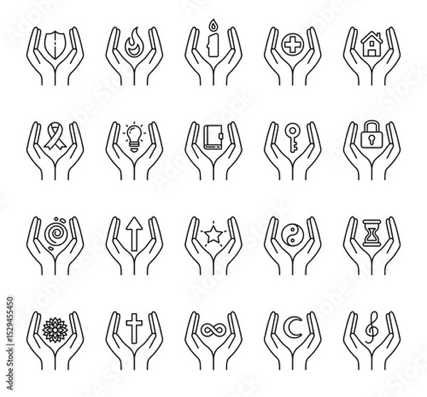 Fototapeta Spiritual abstract symbol set of elements with hands, flame, candle, house, key, lock, book, shield, moon, hourglass, star, ribbon, treble clef, mandala, and infinity
