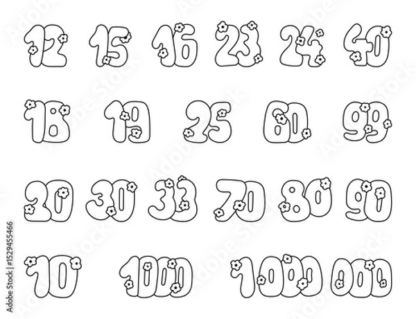 Fototapeta Set of numbers hand drawn symbol decorated with flowers for date, calendar, year, anniversary, celebration, with outline line art for yours illustration and creative designs projects