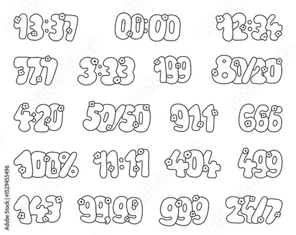 Fototapeta Set of numbers with flowers, popular numeric codes used in culture pricing emergency clock luck magic, with outline line art for yours illustration and creative designs projects