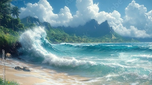 Fototapeta Tropical Coastline with Lush Mountains and Majestic Waves