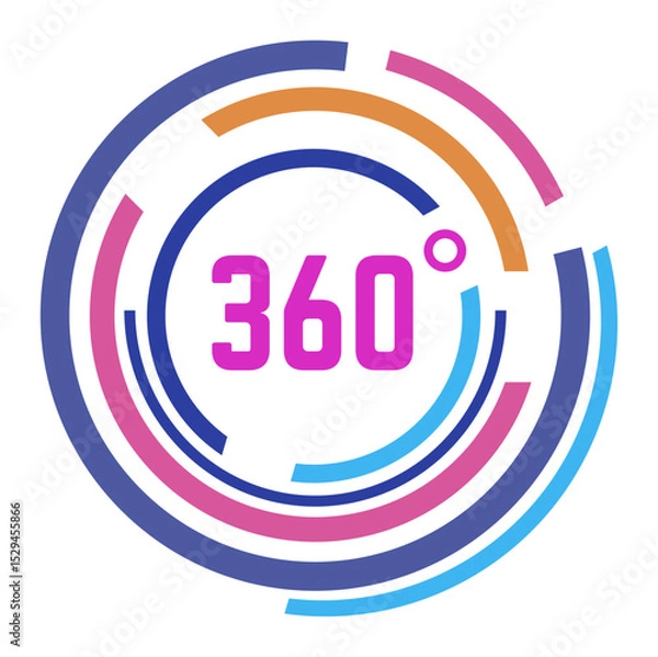 Fototapeta Colorful circular lines encircling the number 360 with a degree symbol, illustrating concepts of full rotation, angles, and virtual reality in a modern, abstract design