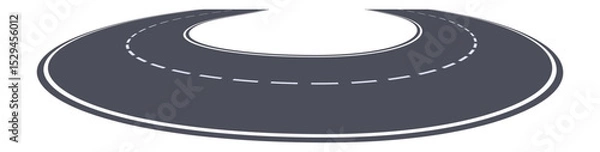 Fototapeta Winding road making a u turn with dashed lines marking the center of the road, representing a change of direction, return, or roundabout way, isolated on a white background