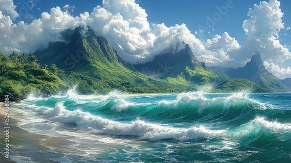 Fototapeta Tropical Coastline with Lush Mountains and Majestic Waves