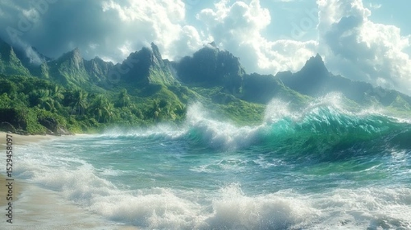 Fototapeta Tropical Coastline with Lush Mountains and Majestic Waves