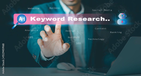 Obraz Keywords research concept: GEO generative engine optimization, and SEO, Businessmen use agentic AI, rank search engines with assistants, and select popular search terms with suggestion tips