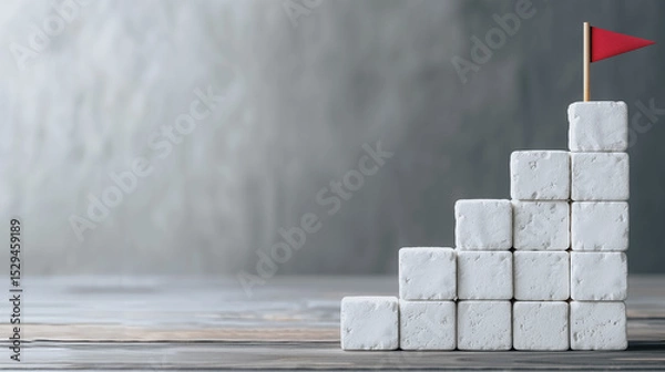 Fototapeta Flag on Blocks: A minimalistic composition featuring a small red flag triumphantly planted atop a staircase of white blocks, symbolizing achievement and progress.