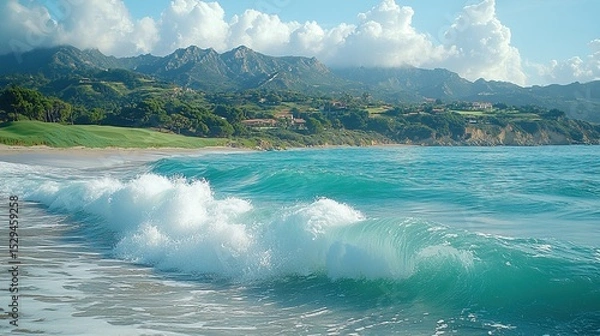 Fototapeta Tropical Coastline with Lush Mountains and Majestic Waves