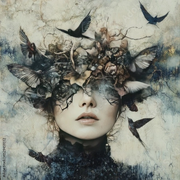 Fototapeta Woman's face obscured by birds and nature elements