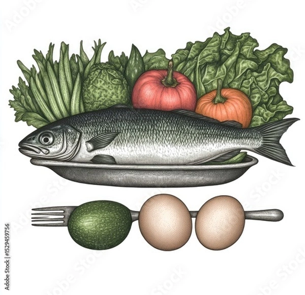 Fototapeta Fresh fish, vegetables, and eggs on a platter