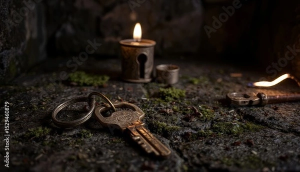 Fototapeta Vintage key on stone floor, mysterious atmosphere, illuminated by candlelight, Halloween theme