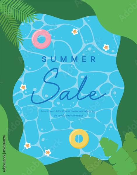 Fototapeta Tropical summer sale background with palm trees, pool floats, flowers and sunshine. Perfect for summer, seasonal promotions and vacation, travel themed designs.